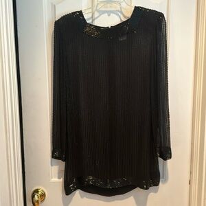 A.J. Bari Vintage black silk top with beaded black beads. It’s sheer.